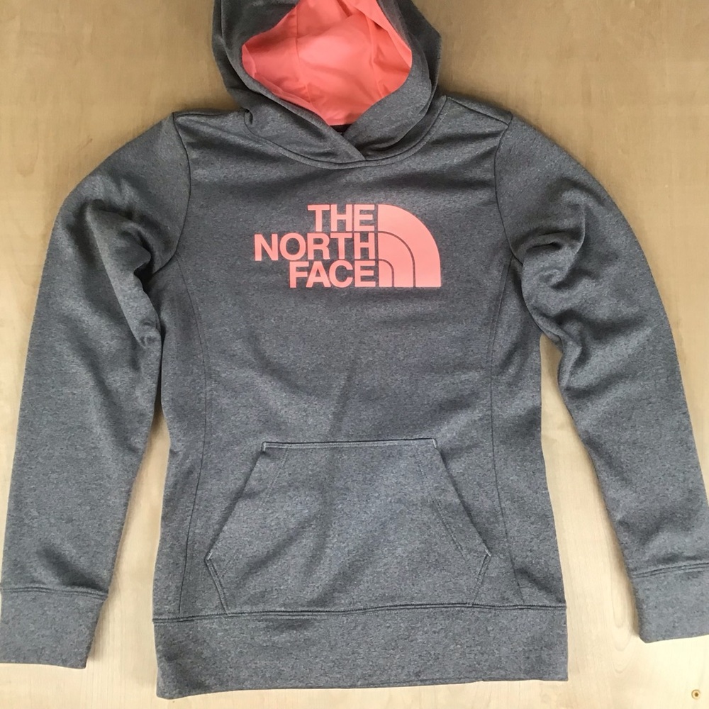 The North Face Womens Small Hoodie Sweatshirt Outdoor Hiking Gray Peach Logo
